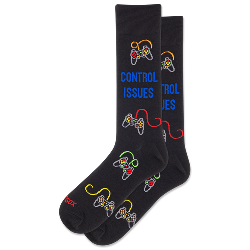 Black socks with gaming controller designs and text on a white background