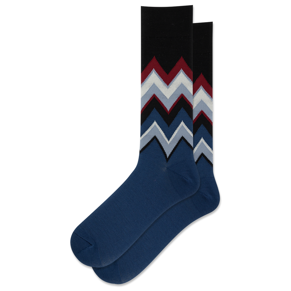 A pair of wool socks with zigzag chevron patterns on a green and blue background
