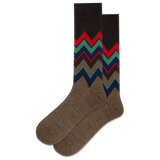 Brown socks with colorful zigzag pattern on a white background thumbnail