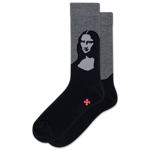 Black and gray socks with Mona Lisa design on a white background