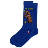 Blue socks with a sculpture design and 'The Dinker' text on a white background