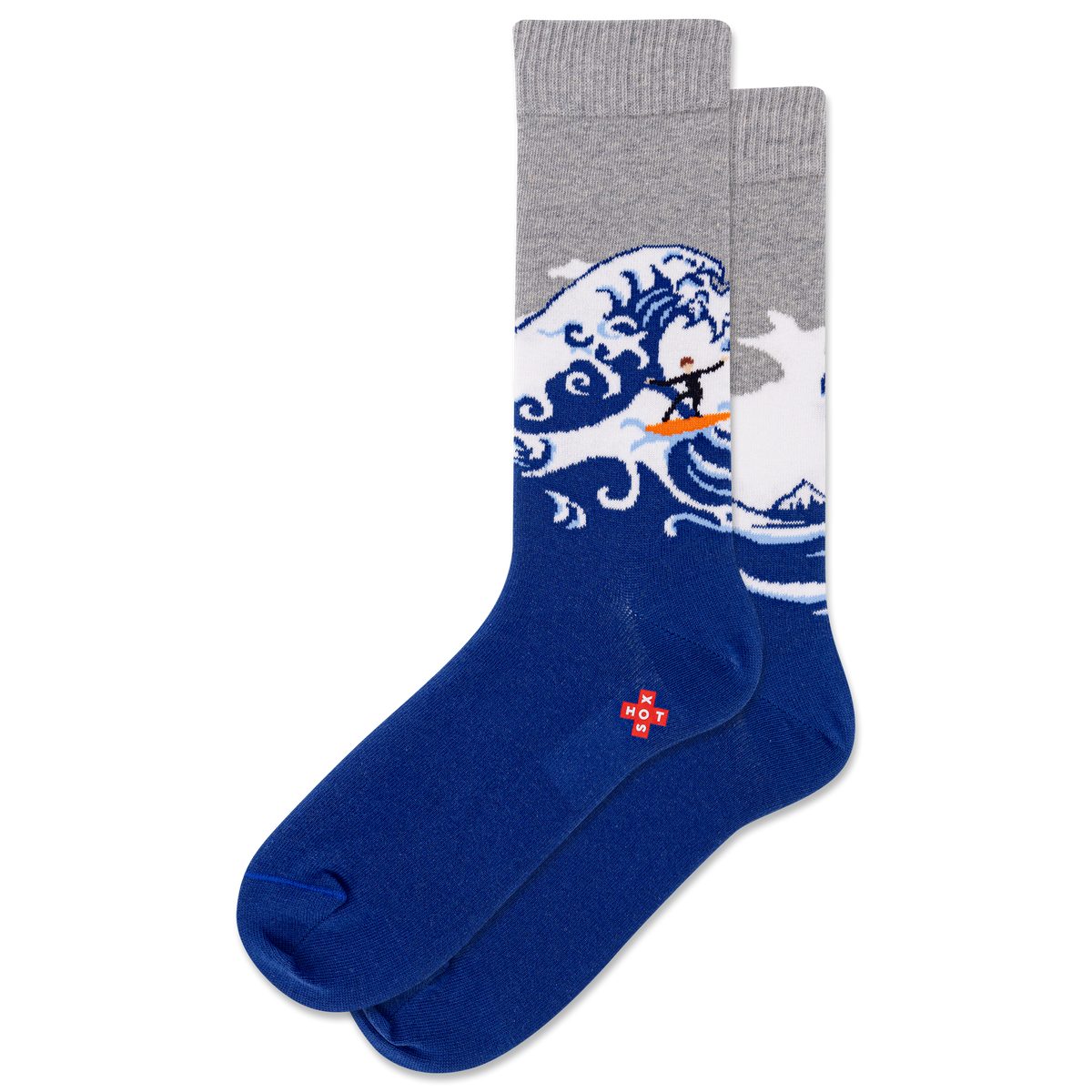 Blue sock with wave and character design on a white background