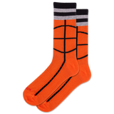 Orange socks with black basketball pattern and gray and black striped cuff on a white background thumbnail