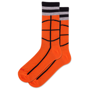 Orange socks with black basketball pattern and gray and black striped cuff on a white background