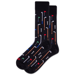 Black socks with golf-themed design on a white background