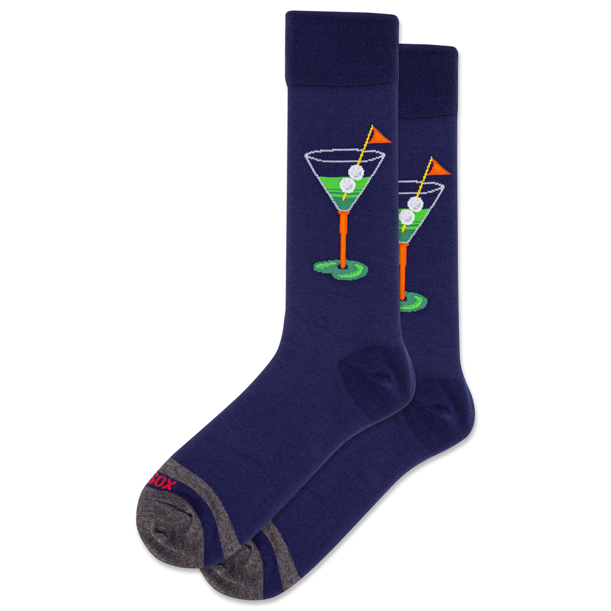 Navy socks with martini glass and golf ball design on a white background