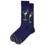 Navy socks with martini glass and golf ball design on a white background