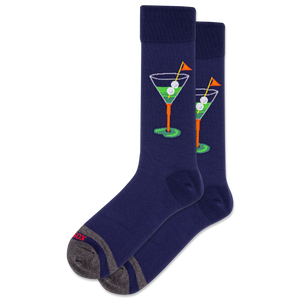 Navy socks with martini glass and golf ball design on a white background