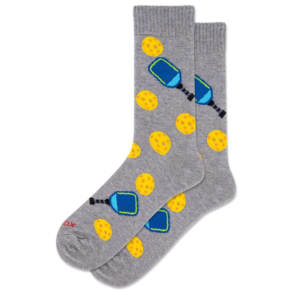 Men's gray socks with a repeat pickleball pattern.