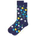 Navy blue socks with colorful golf ball pattern on a white background