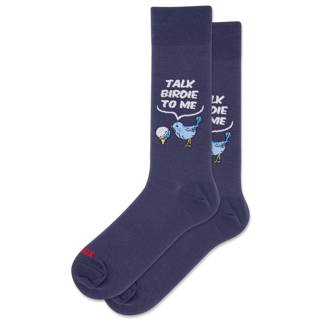 Navy blue socks with bird design and 'Talk Birdie to Me' text on a white background