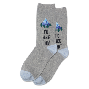 Gray socks with mountain and tree design and text 'I'd Hike That' on a white background