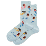 A pair of Women's mermaid crew socks with colorful mermaid patterns on a light background.