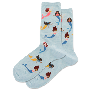 A pair of Women's mermaid crew socks with colorful mermaid patterns on a light background.
