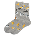 Gray socks with dog illustrations and 'dog person' text on a white background