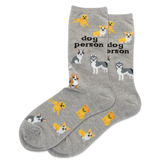 Gray socks with dog illustrations and 'dog person' text on a white background
