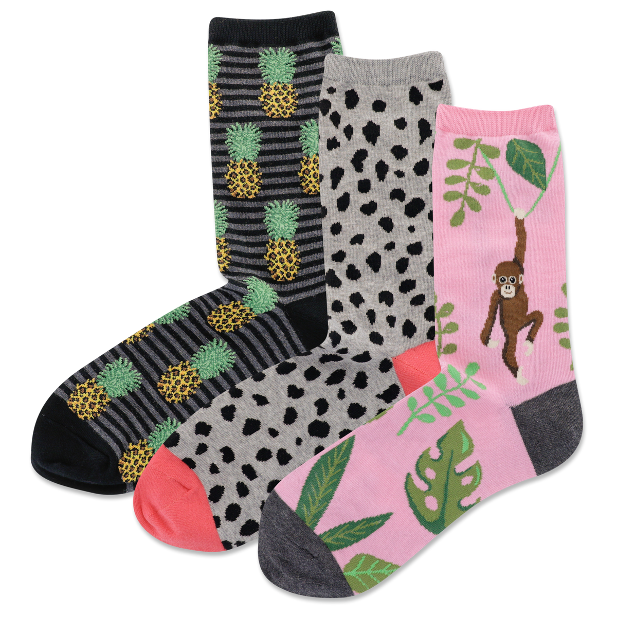 Three pairs of socks with pineapple, leopard print, and monkey designs on a white background