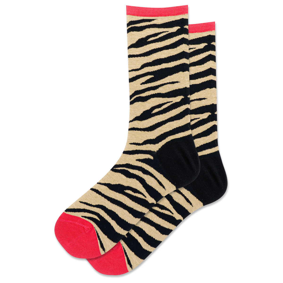 Zebra pattern sock with red accents on a white background