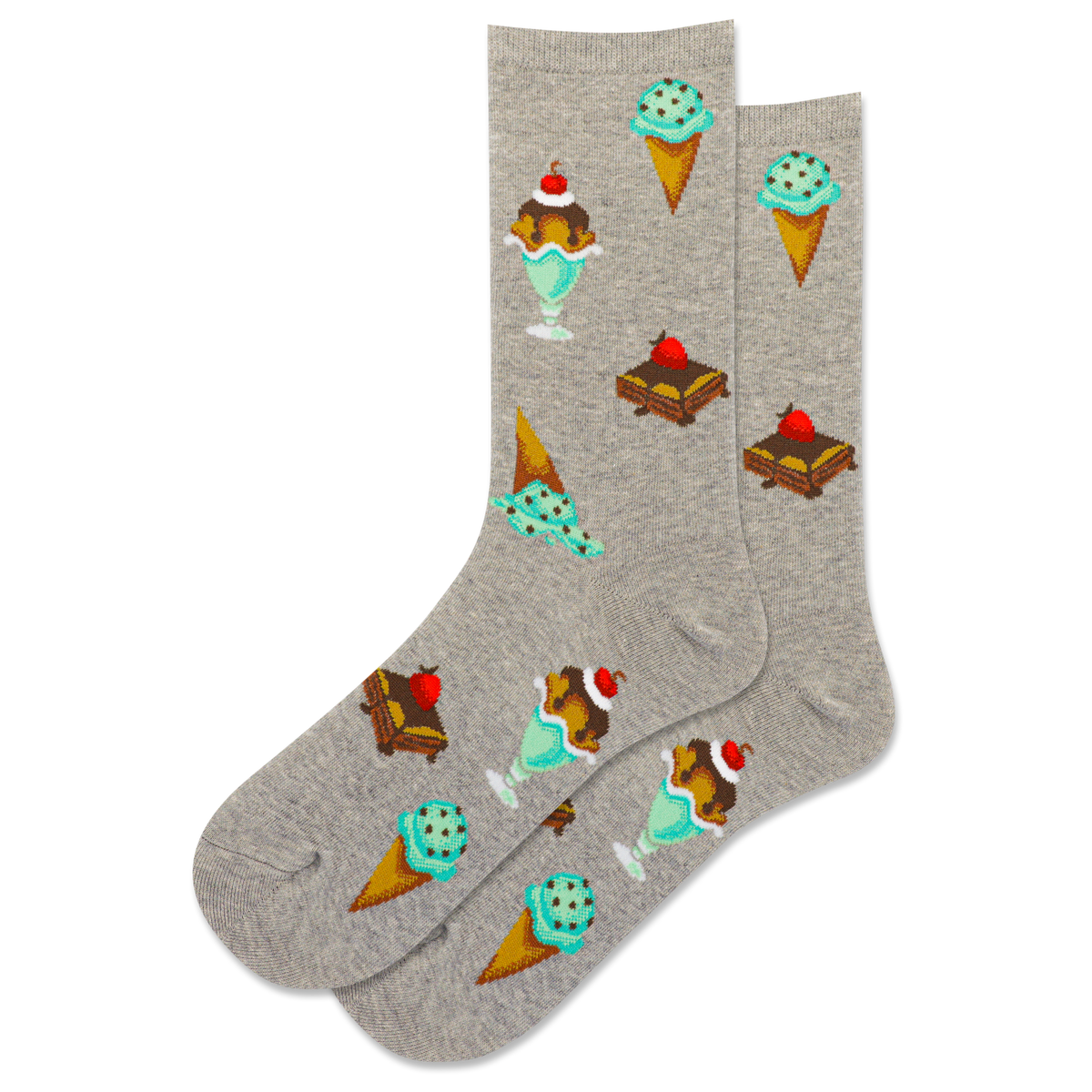 Gray socks with ice cream cone and sundae designs on a white background