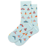 Light blue socks with colorful moth pattern on a white background