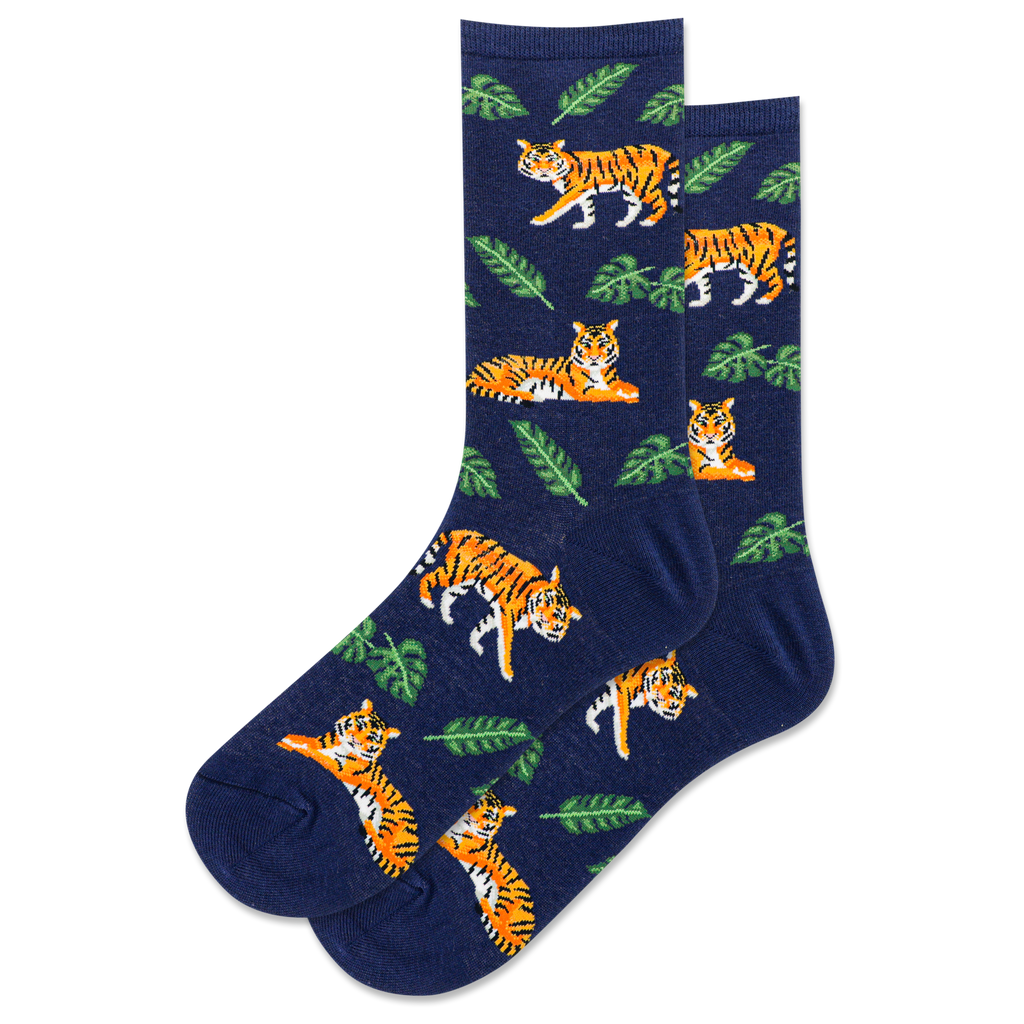 Navy blue socks with orange tiger and green leaf pattern on a white background
