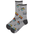Gray socks with cassette tape pattern on a white background