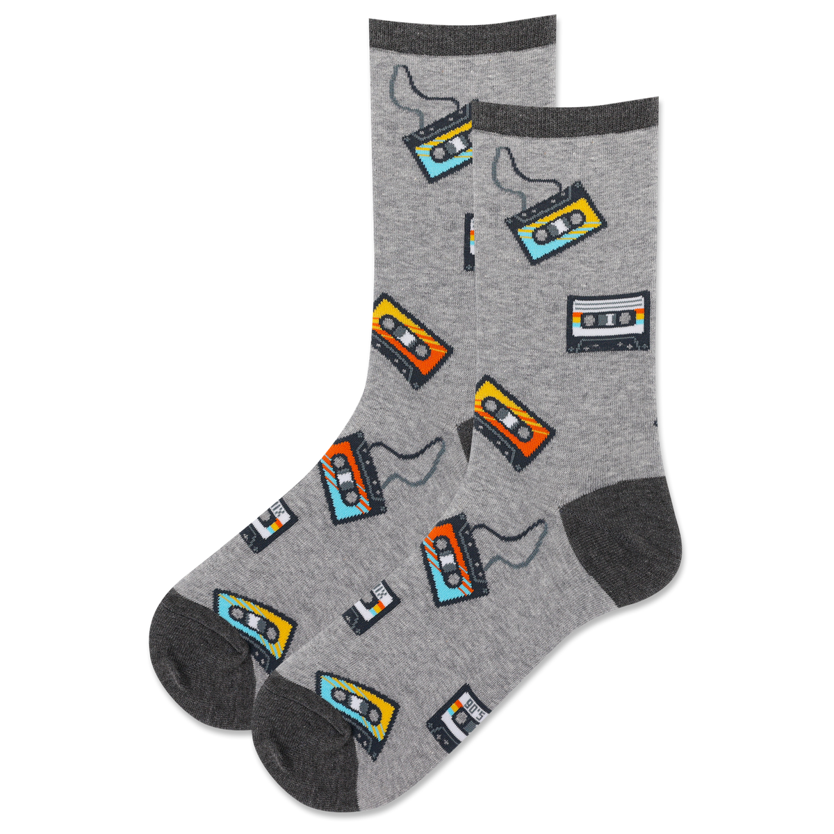 Gray socks with cassette tape pattern on a white background