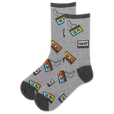 Gray socks with cassette tape pattern on a white background