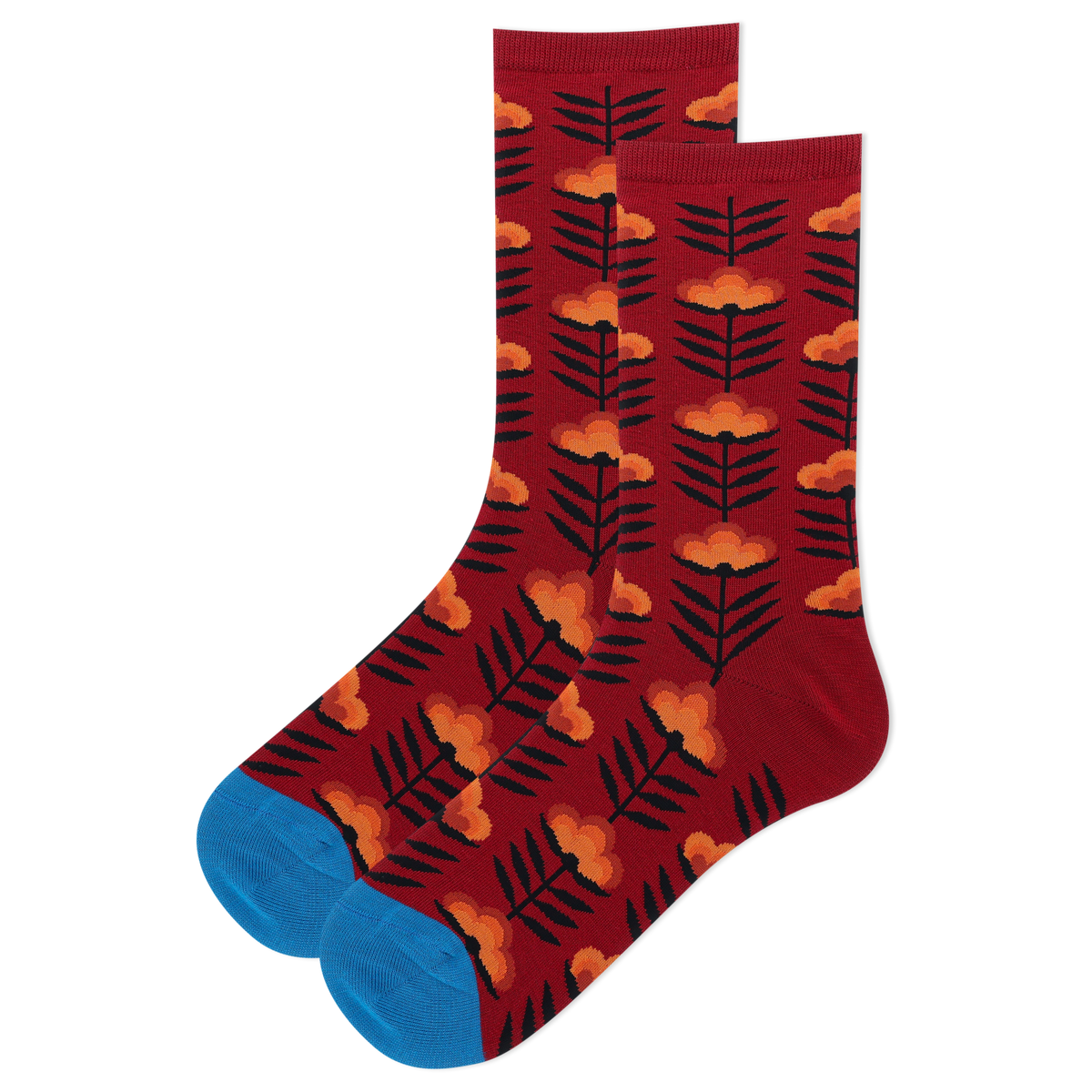 Red socks with orange and black floral pattern on a white background