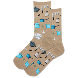 Beige socks with kitchen utensil pattern on a white background