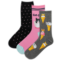 Three pairs of HOTSOX socks with cat-themed designs on a white background