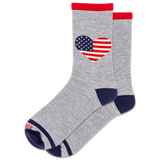 Gray socks with a heart-shaped American flag design on a white background