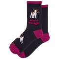 Black socks with a dog illustration and 'branch manager' text on a white background