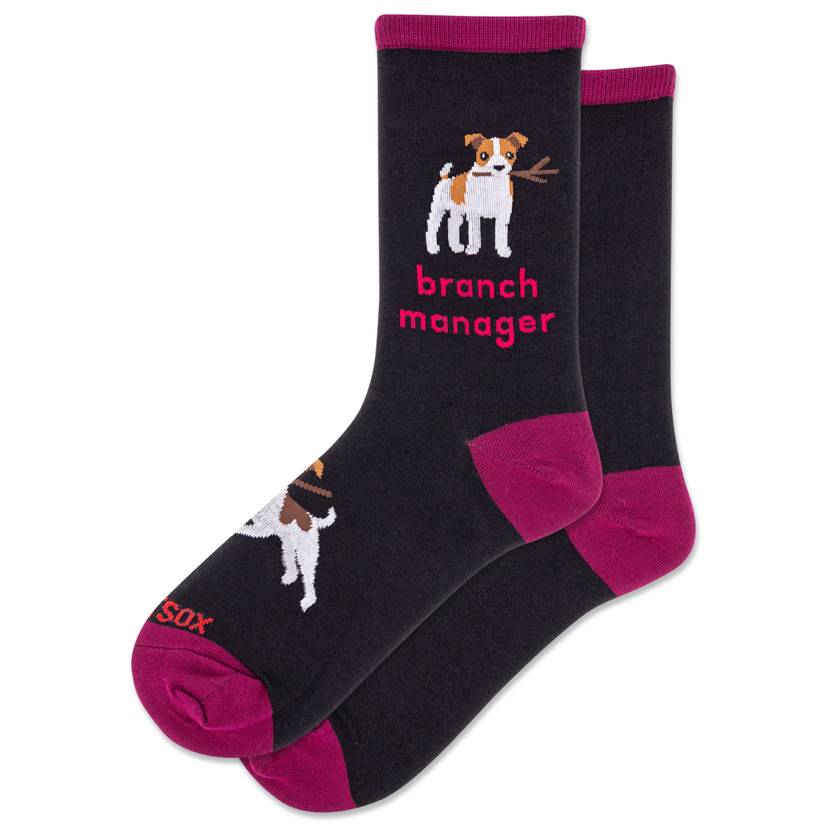 Black socks with a dog illustration and 'branch manager' text on a white background