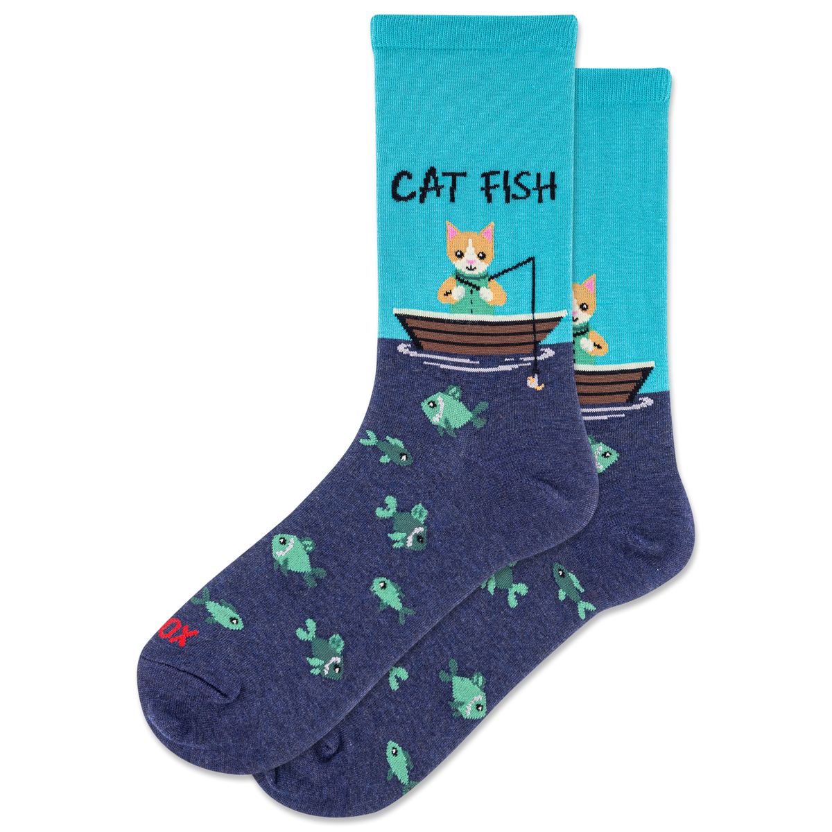 Pair of socks with a cat fishing design on a white background