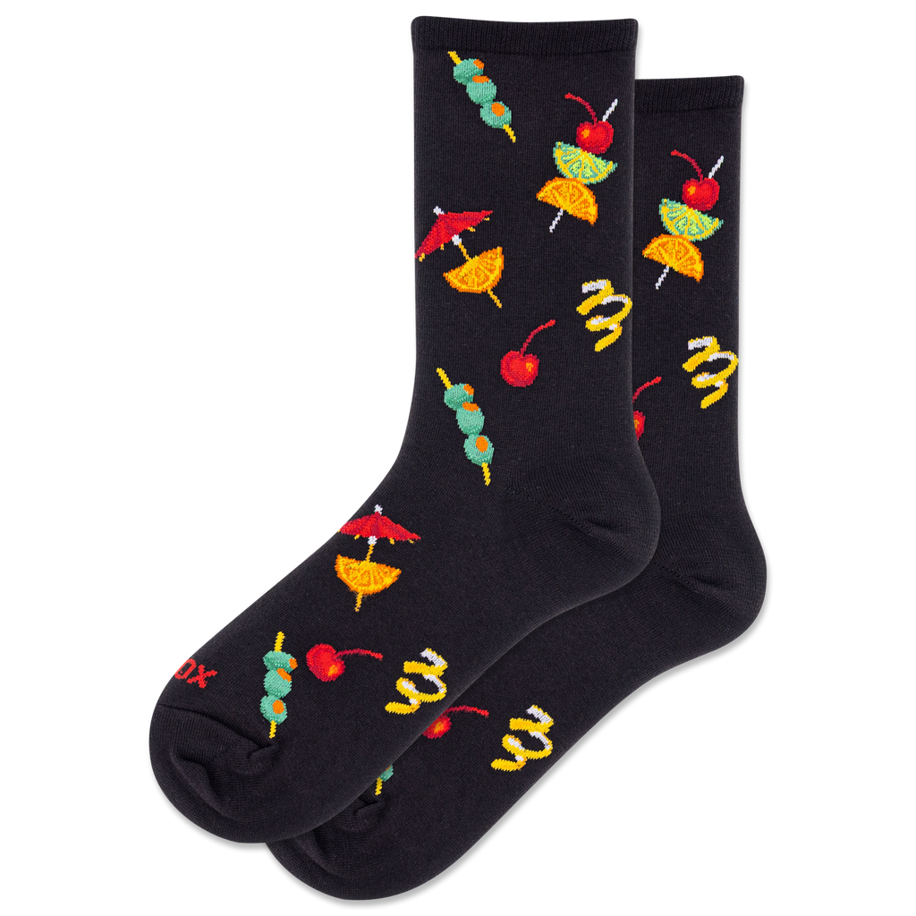 Black socks with colorful cocktail umbrella and cherry design on a white background