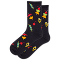 Black socks with colorful cocktail umbrella and cherry design on a white background