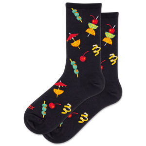 Black socks with colorful cocktail umbrella and cherry design on a white background