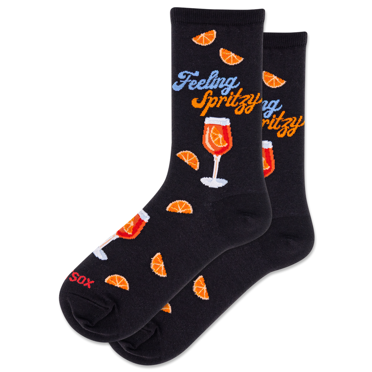 Black socks with orange slices and a glass of wine design on a white background