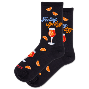 Black socks with orange slices and a glass of wine design on a white background