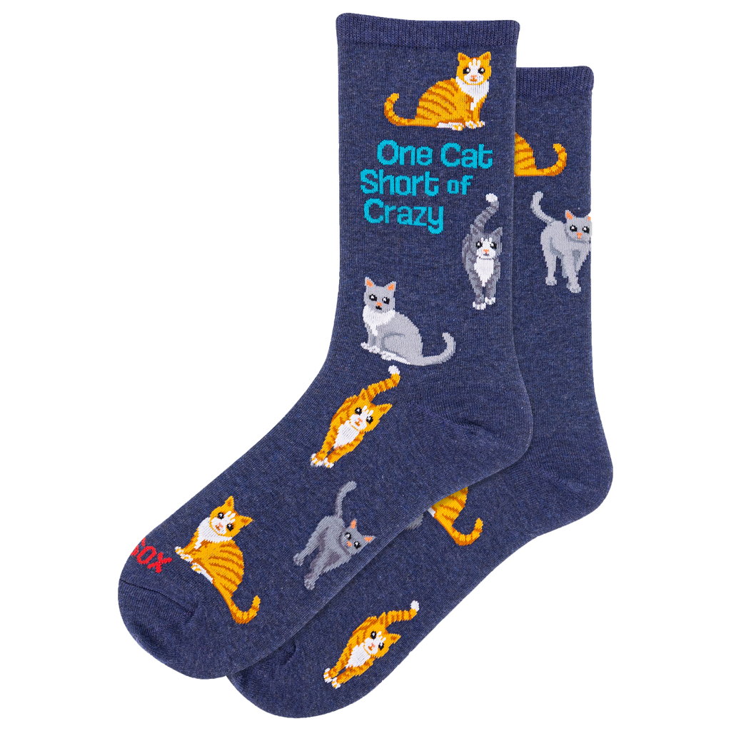 HOTSOX women's navy socks featuring gray and orange cats and the phrase 'once cat short of crazy.'