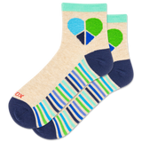 Colorful sock with geometric heart and stripe pattern on a beige background thumbnail