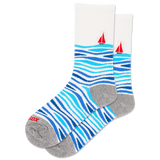 Socks with blue wavy pattern and red sailboats on a white background thumbnail