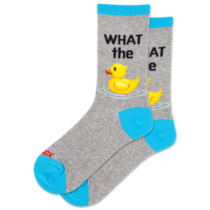 Gray socks with a yellow rubber duck and text on a white background