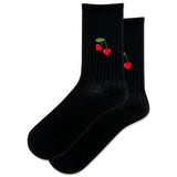Black socks with cherry designs on a white background
