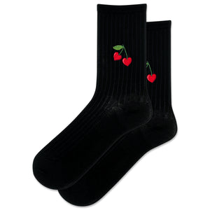 Black socks with cherry designs on a white background