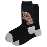 Black socks with a bronze statue design on a white background