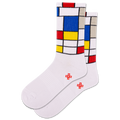 White socks with colorful geometric pattern on a white background