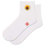 White socks with a sunflower design and a visible brand logo on a white background