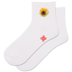 White socks with a sunflower design and a visible brand logo on a white background
